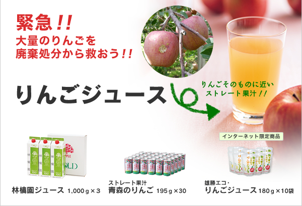 りんごジュース 緊急！！ 大量のりんごを廃棄処分から救おう！！ 林檎園ジュース 1,000ｇ×３ 、ストレート果汁青森のりんご 195ｇ×30 、雄勝エコ・りんごジュース 180ｇ×10袋 