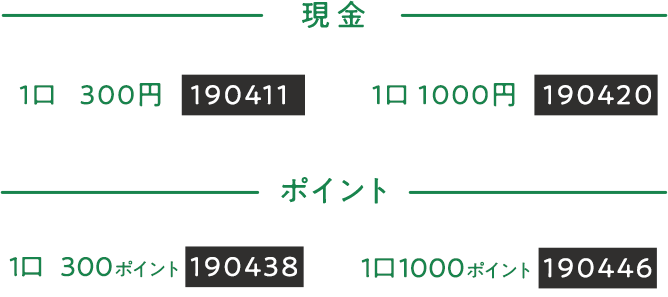 1口300円190411、1口1000円190420、1口300ポイント190438、1口1000ポイント190446