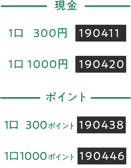 1口300円190411、1口1000円190420、1口300ポイント190438、1口1000ポイント190446