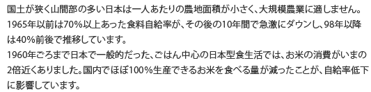 国土が狭く山間部の多い日本は一人あたりの農地面積が小さく、大規模農業に適しません。 1965年以前は70％以上あった食料自給率が、その後の10年間で急激にダウンし、98年以降 は40％前後で推移しています。 1960年ごろまで日本で一般的だった、ごはん中心の日本型食生活では、お米の消費がいまの 2倍近くありました。国内でほぼ100％生産できるお米を食べる量が減ったことが、自給率低下 に影響しています。