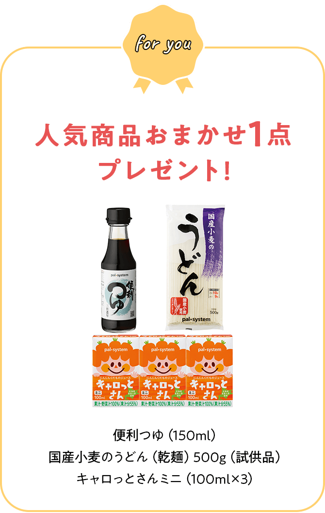 人気商品おまかせ1点プレゼント! 便利つゆ（150ml）国産小麦のうどん （乾麺）500g（試供品） キャロっとさんミニ （100ml×3）