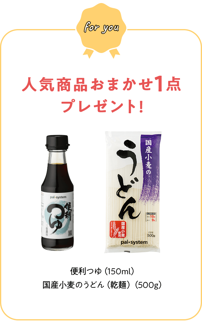 人気商品おまかせ1点プレゼント! 便利つゆ（150ml） 国産小麦のうどん（乾麺）（500g）