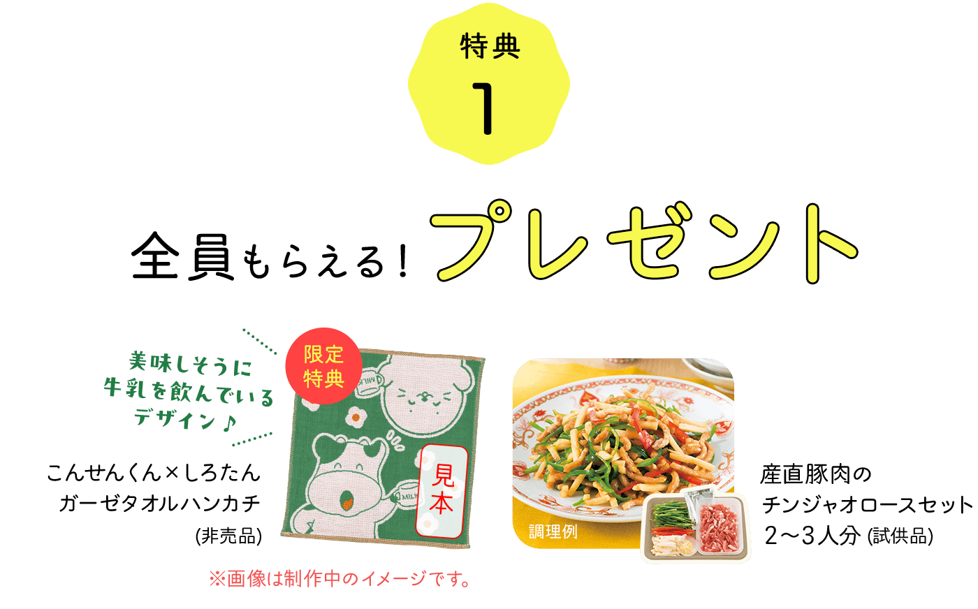 特典1 全員もらえる！プレゼント　美味しそうに牛乳を飲んでいるデザイン　こんせんくん　しろたんガーゼタオルハンカチ（非売品）　産直豚肉のチンジャオロースセット２～３人分（試供品）