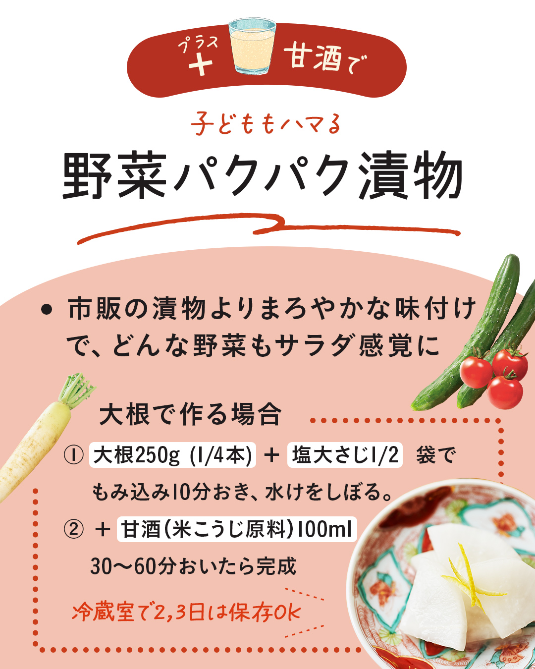 カード6枚目。プラス甘酒で、子どももハマる、野菜パクパク漬物。市販の漬物よりまろやかな味付けで、どんな野菜もサラダ感覚に。大根で作る場合。①：大根250g（1/4本）と塩大さじ1/2を袋でもみ込み10分おき、水けをしぼる。②：甘酒（米こうじ原料タイプ）100mlを加えて30～60分おいたら完成。冷蔵室で2,3日は保存OK。