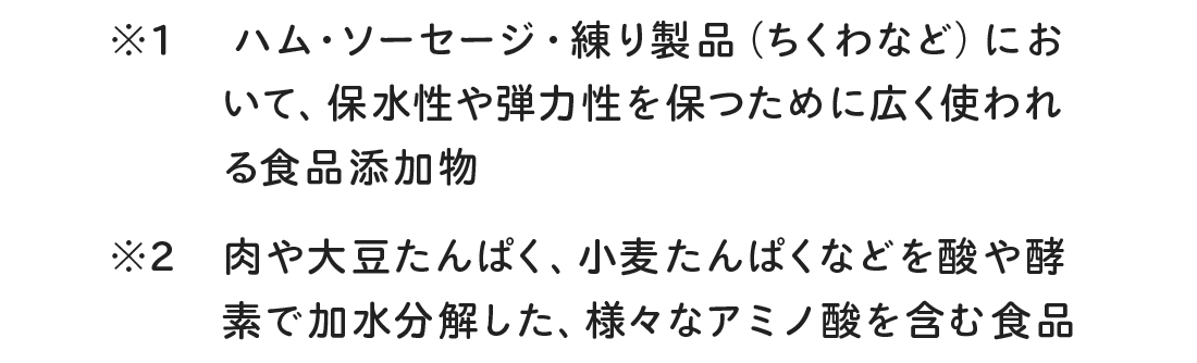 ※1 ハム・ソーセージ・練り製品（ちくわなど）において、保水性や弾力性を保つために広く使われる食品添加物　※2 肉や大豆たんぱく、小麦たんぱくなどを酸や酵素で加水分解した、様々なアミノ酸を含む食品素材