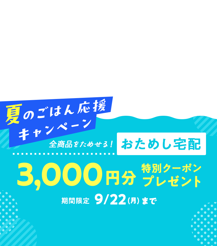 夏のごはん応援キャンペーン　全商品をためせる！おためし宅配　3,000円分特別クーポンプレゼント　期間限定　9/22(月)まで