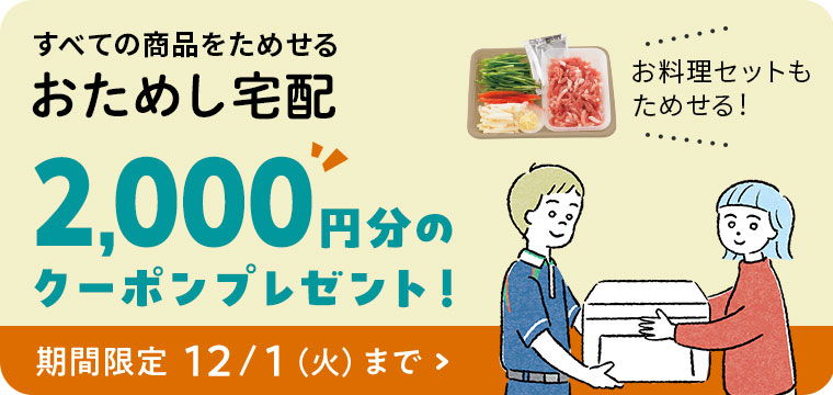 すべての商品を試せるおためし宅配 2,000円分のクーポンプレゼント!お料理セットもためせる!期間限定12/1 (火) まで
