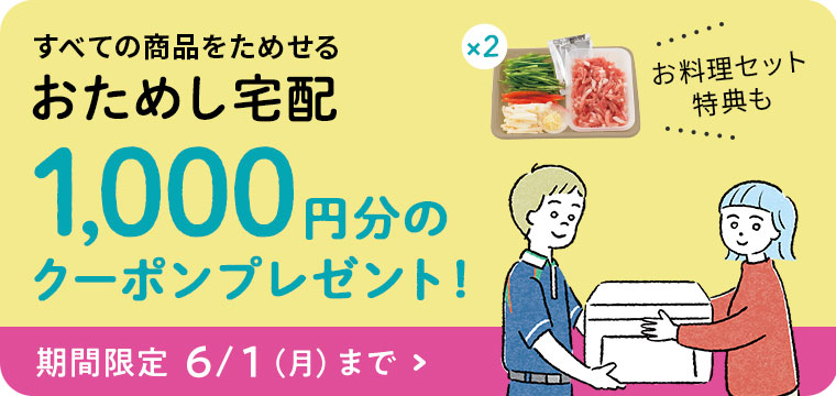 すべての商品を試せるおためし宅配 1,000円分のクーポンプレゼント！お料理セットの特典も。期間限定6/1まで