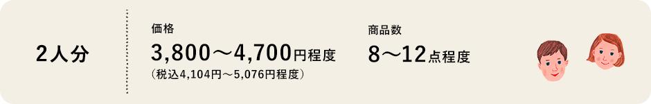 2人分　価格（税込）3,800～4,700円程度(税込4,104円～5,076程度)　商品数8～12点程度