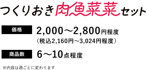 つくりおき肉魚菜菜セット　価格 2,000～2,800円程度（税込2,160円～3,024円程度） 商品数 6～10点程度