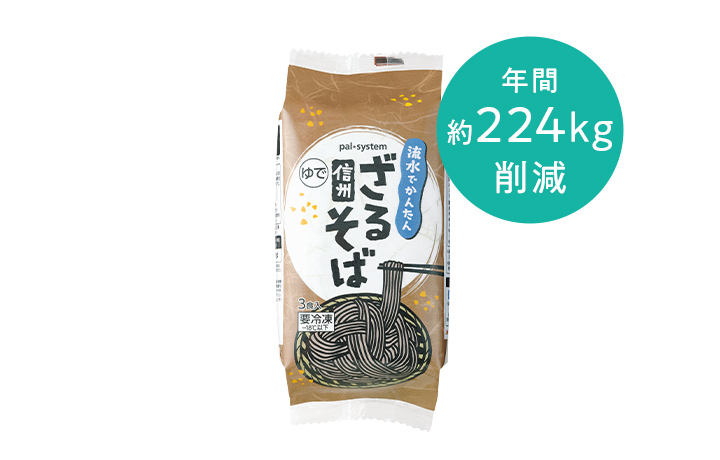 『国産そば粉の信州ざるそば（流水）200g×3』は年間224kgを削減
