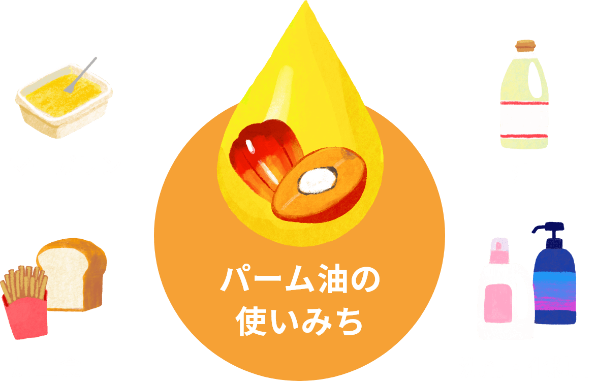 パーム油の使いみちはマーガリン、油、加工食品、洗剤・化粧品など多岐にわたります。