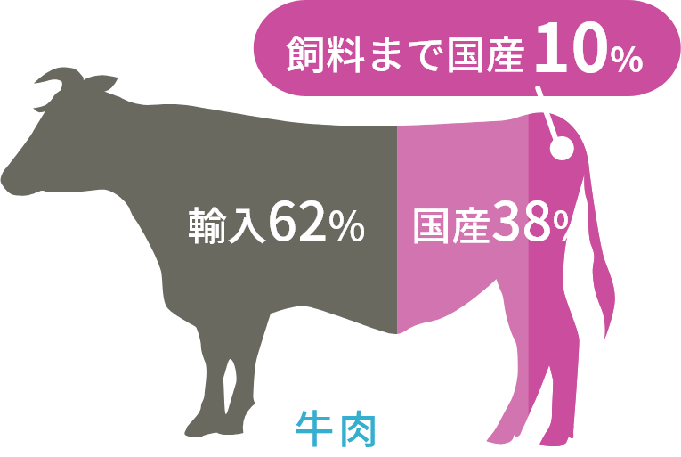 牛肉の輸入比率は62%、国産比率は38%ですが、飼料まで国産といえるのは10%しかありません。