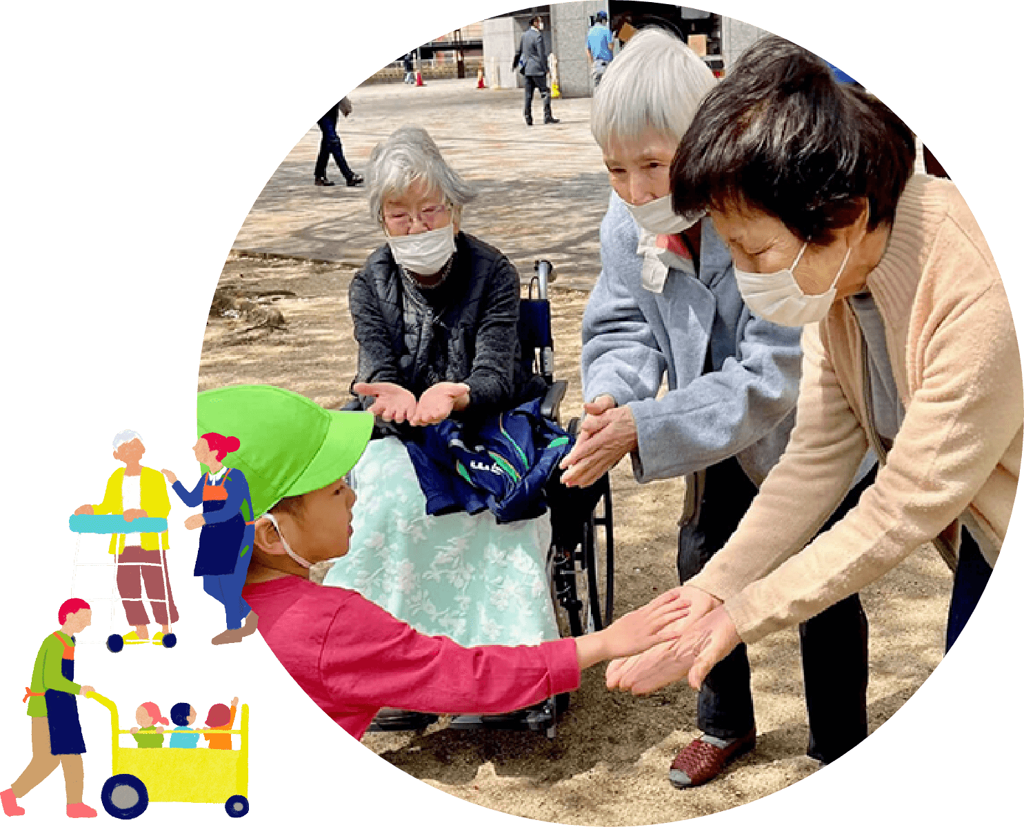パルシステム東京が運営する保育園「ぱる★キッズ足立」の子どもたちとデイサービス施設「足立陽だまり」の利用者さんがお花見を楽しみました。