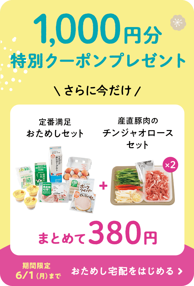 1,000円分特別クーポンプレゼント さらに今だけ 定番満足おためしセット 産直豚肉のチンジャオロースセット ×2 まとめて380円 期間限定 6/1 (月) まで おためし宅配をはじめる