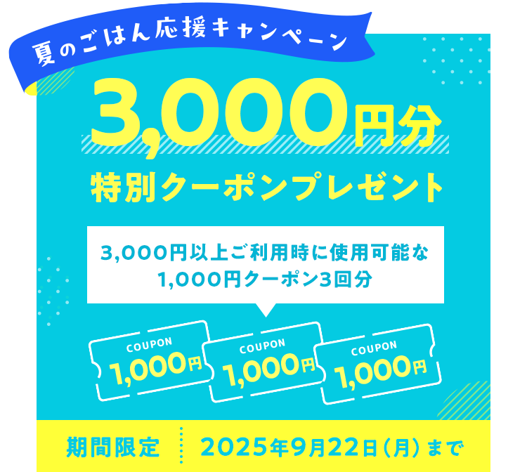 夏のごはん応援キャンペーン 3,000円分特別クーポンプレゼント 3,000円以上ご利用時に使用可能な1,000円クーポン3回分 期間限定 2025年9月22日(月)まで