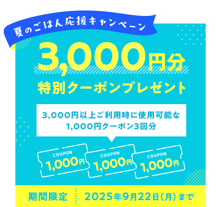 夏のごはん応援キャンペーン　3,000円分特別クーポンプレゼント　3,000円以上ご利用時に使用可能な1,000円クーポン3回分　期間限定　2025年9月22日（月）まで